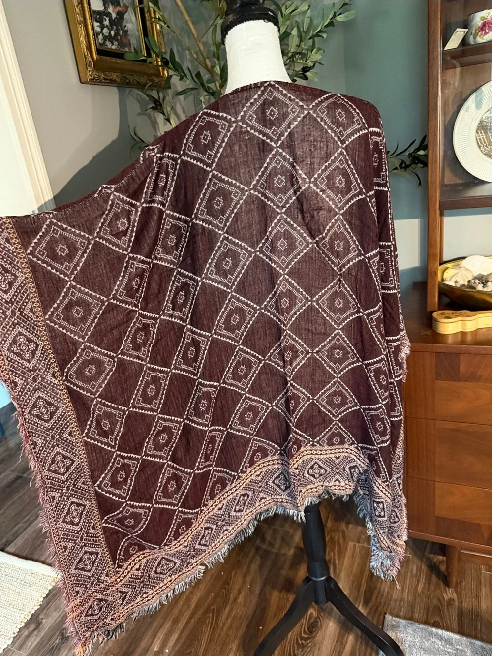 Boho Geometric Fringe wrap in maroon by ecote